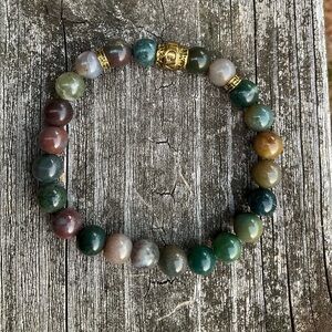 Hand Crafted Stretch Bracelet Gemstone with LOVE Bead Green Brown Antique Gold